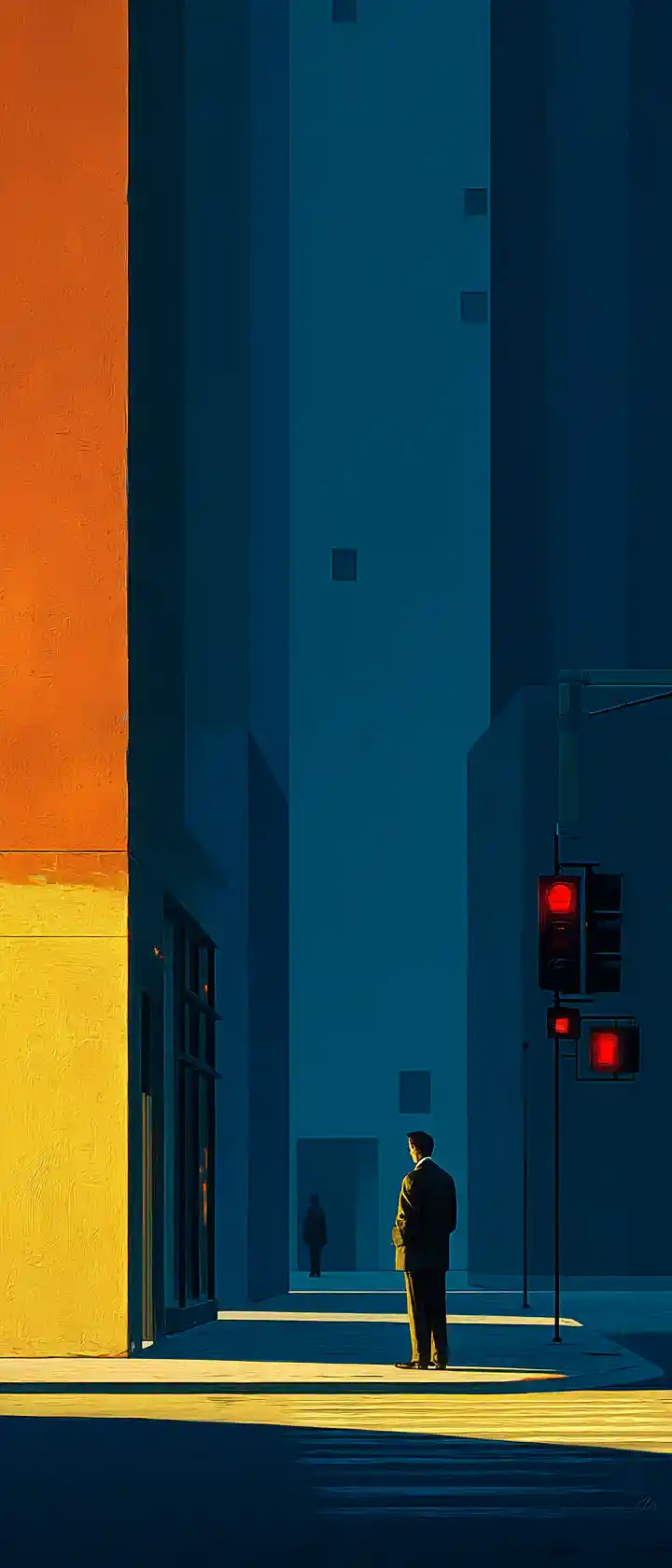 Lonely anime salaryman at an empty city intersection