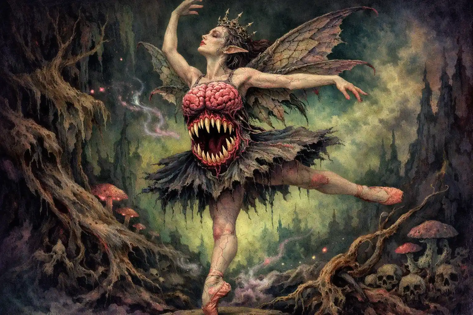 Dark fantasy fairy dancing with monstrous body mutations