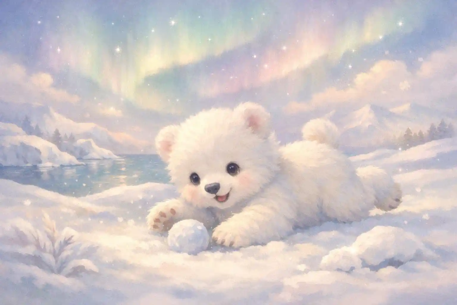 Baby polar bear playing in a dreamy arctic nursery scene
