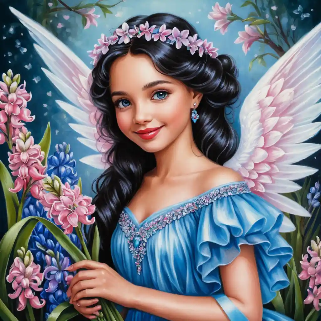 Anjo sorridente de primavera com buquê de jacintos cor-de-rosa