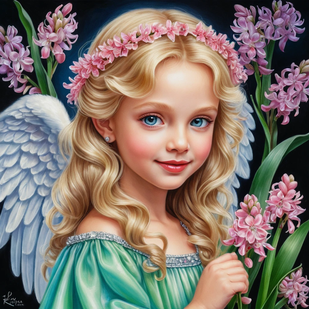 Smiling spring angel girl with pink hyacinth bouquet