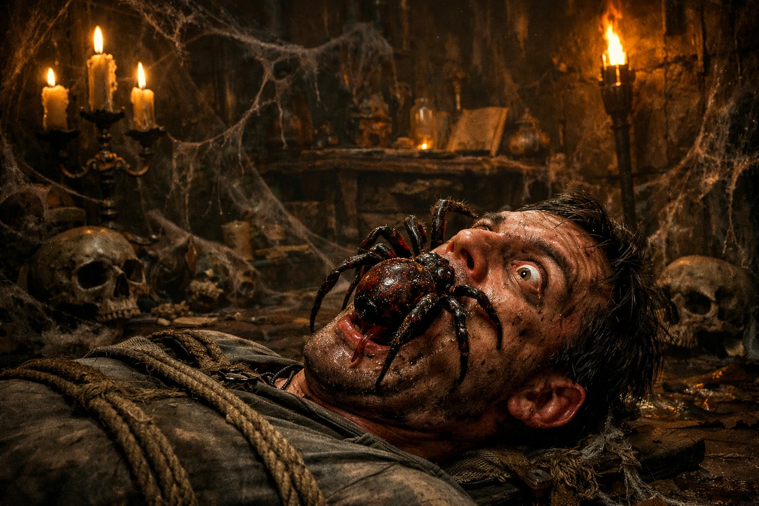 Terrified man bound on floor as giant spider attacks
