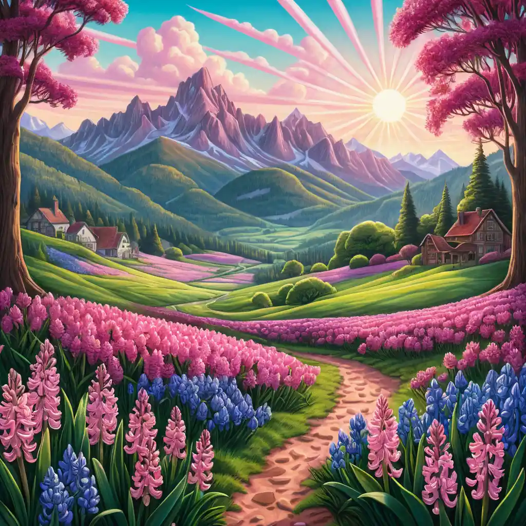 Sunlit meadow of flowers with mountains in the distance