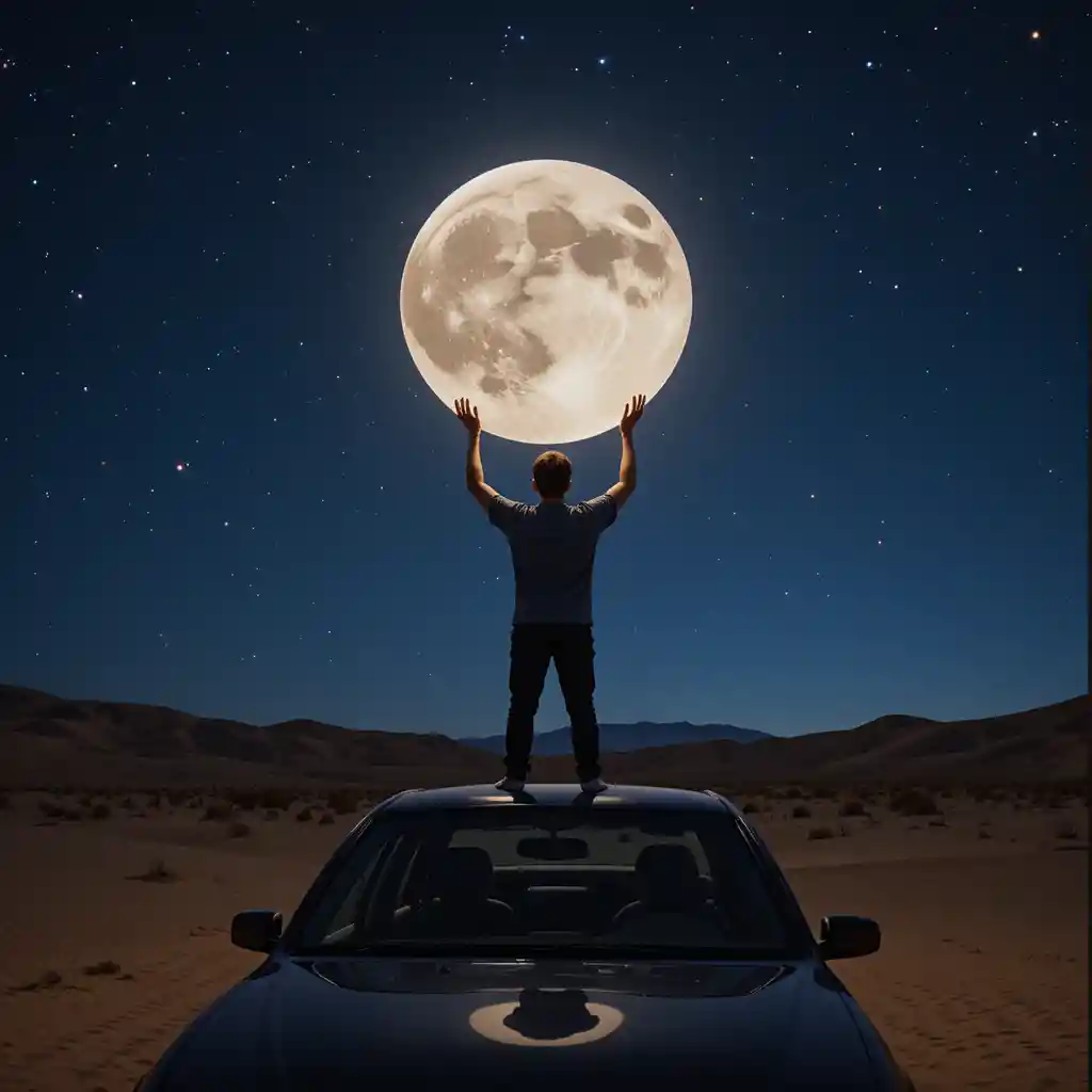 Teen boy standing on car holding the moon at night