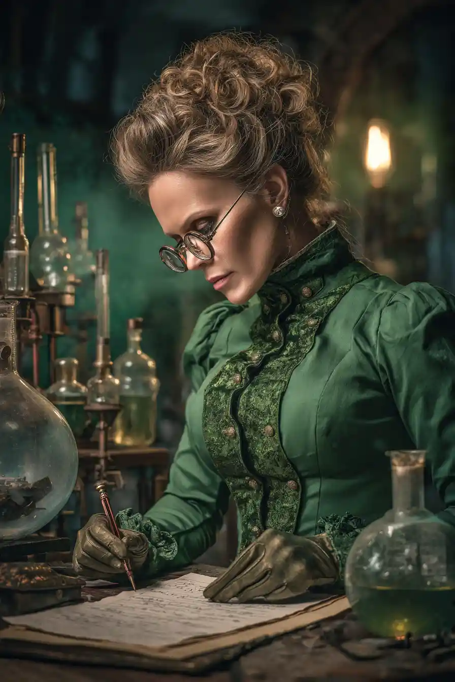 Steampunk-Erfinderin liest einen staubigen Bauplan
