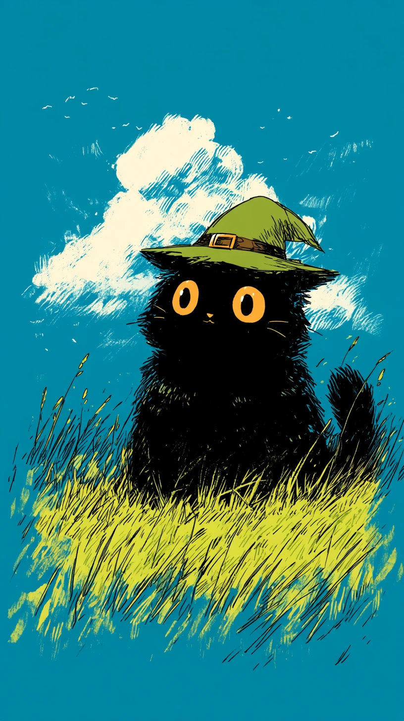 Adorable gato negro en la hierba con un pequeño sombrero de bruja