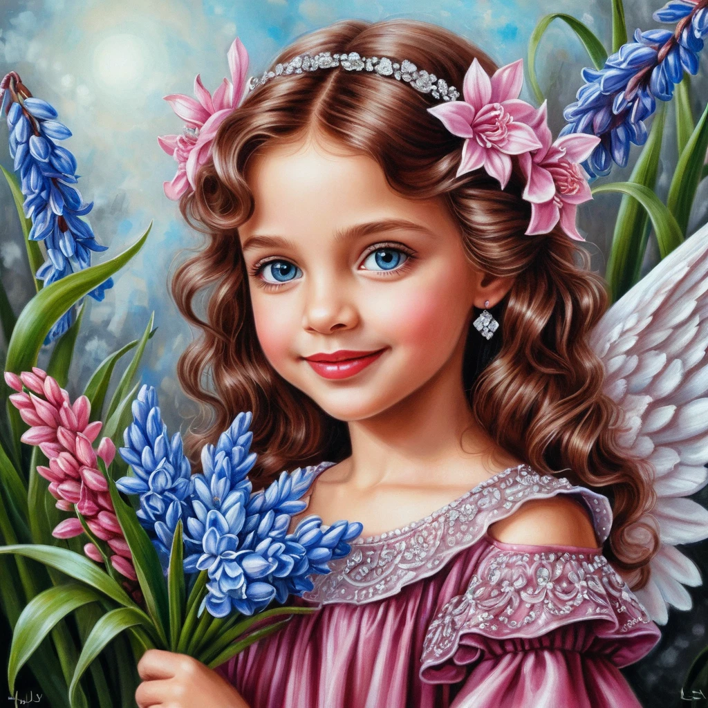 Smiling spring angel girl holding pink hyacinth bouquet