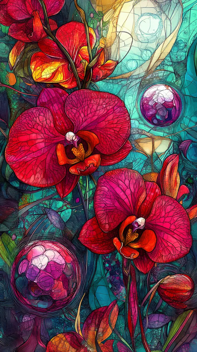 Türkise und rote Orchideen mit schwebenden magentafarbenen Kugeln