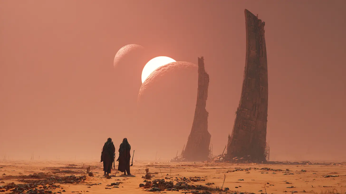 Tall alien priestess and guards under twin suns