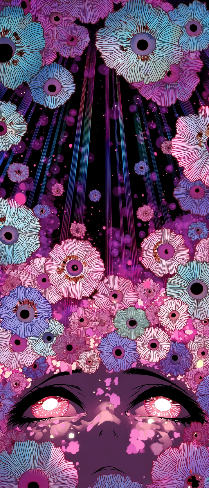 Deidad cósmica de anime despertando entre flores de ojos en plena floración