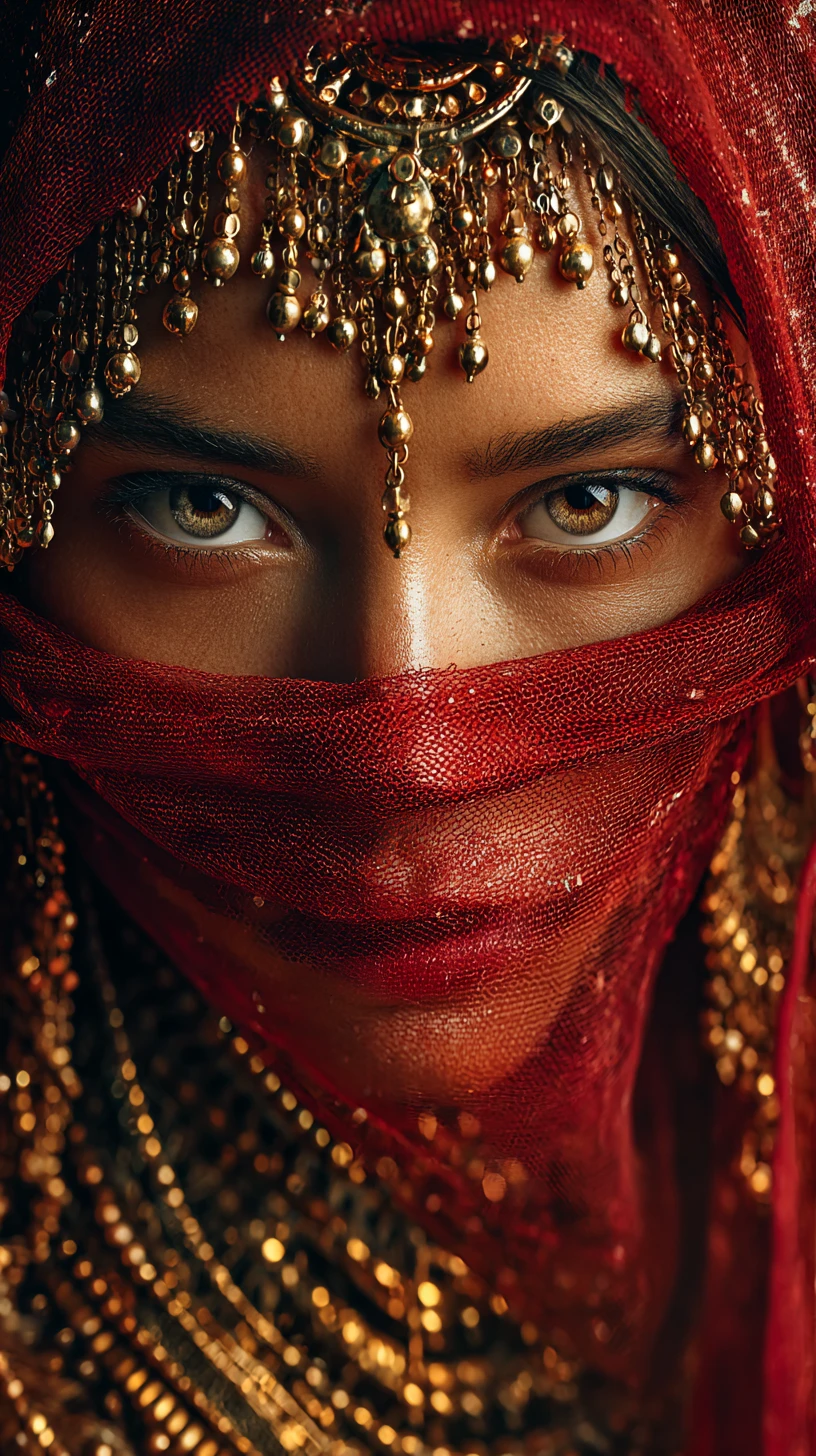 Mysterious Indian woman behind red veil with gold jewelry