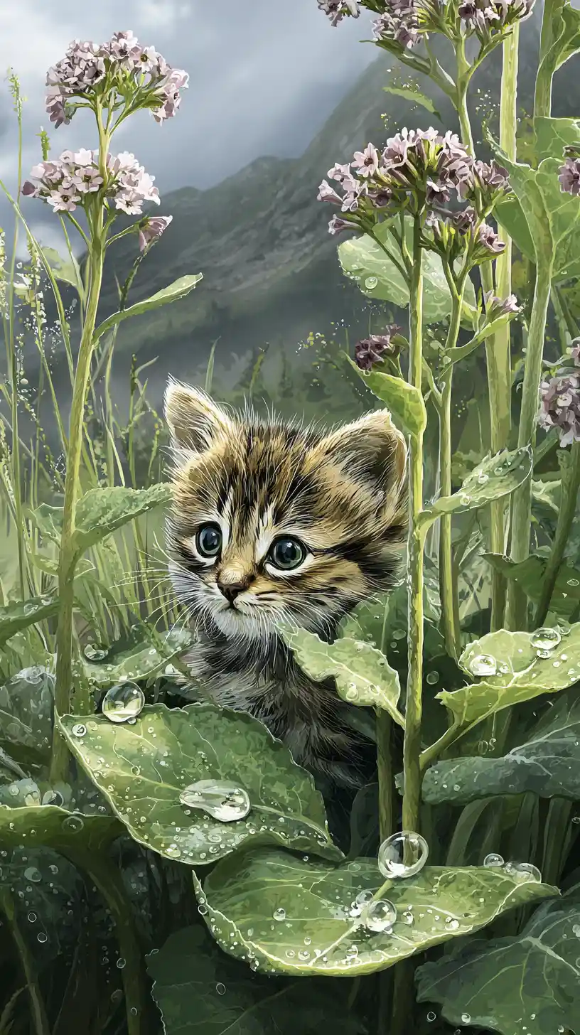 Cute tabby kitten among dandelions in mountain landscape