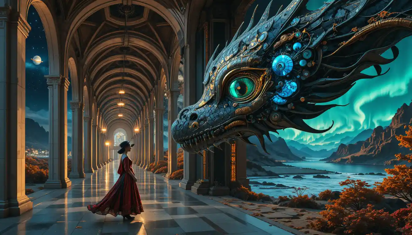 Young woman walking through a surreal gothic memory corridor