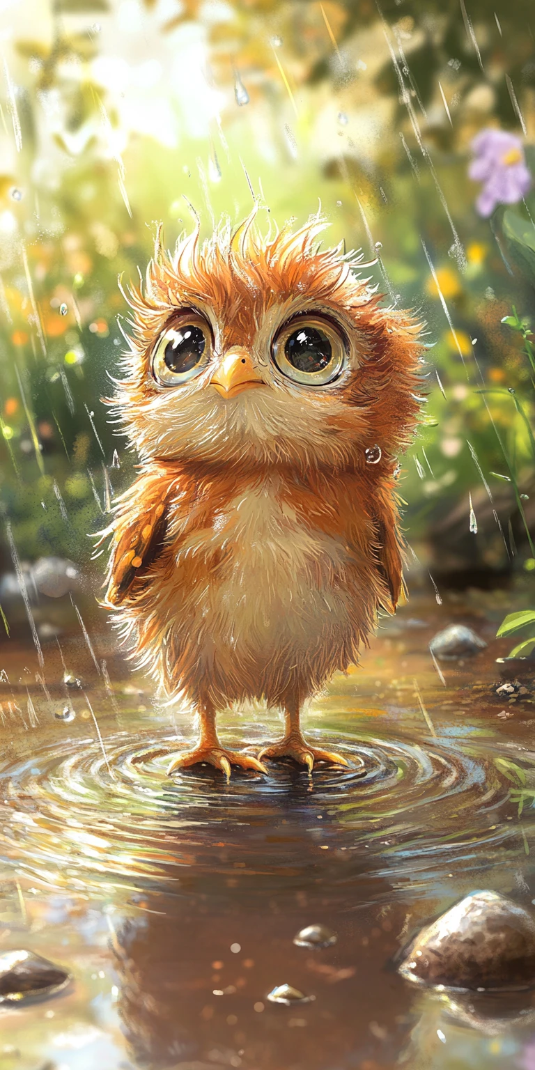 Cute baby owl in rain puddle with soft forest backdrop
