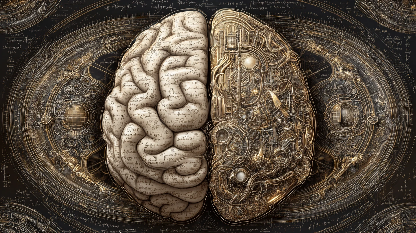 Fantasy brain hemispheres blending logic with creativity