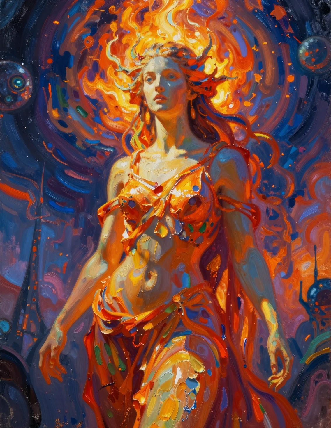 Mystical goddess glowing in fiery twilight sunlight