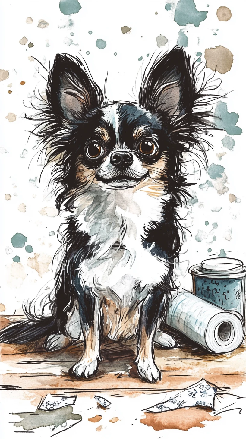 Playful long hair chihuahua with toilet paper in bathroom