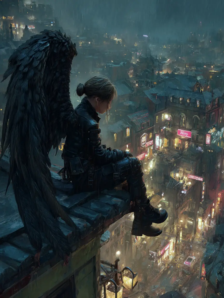 Sad winged girl on a rainy futuristic city rooftop