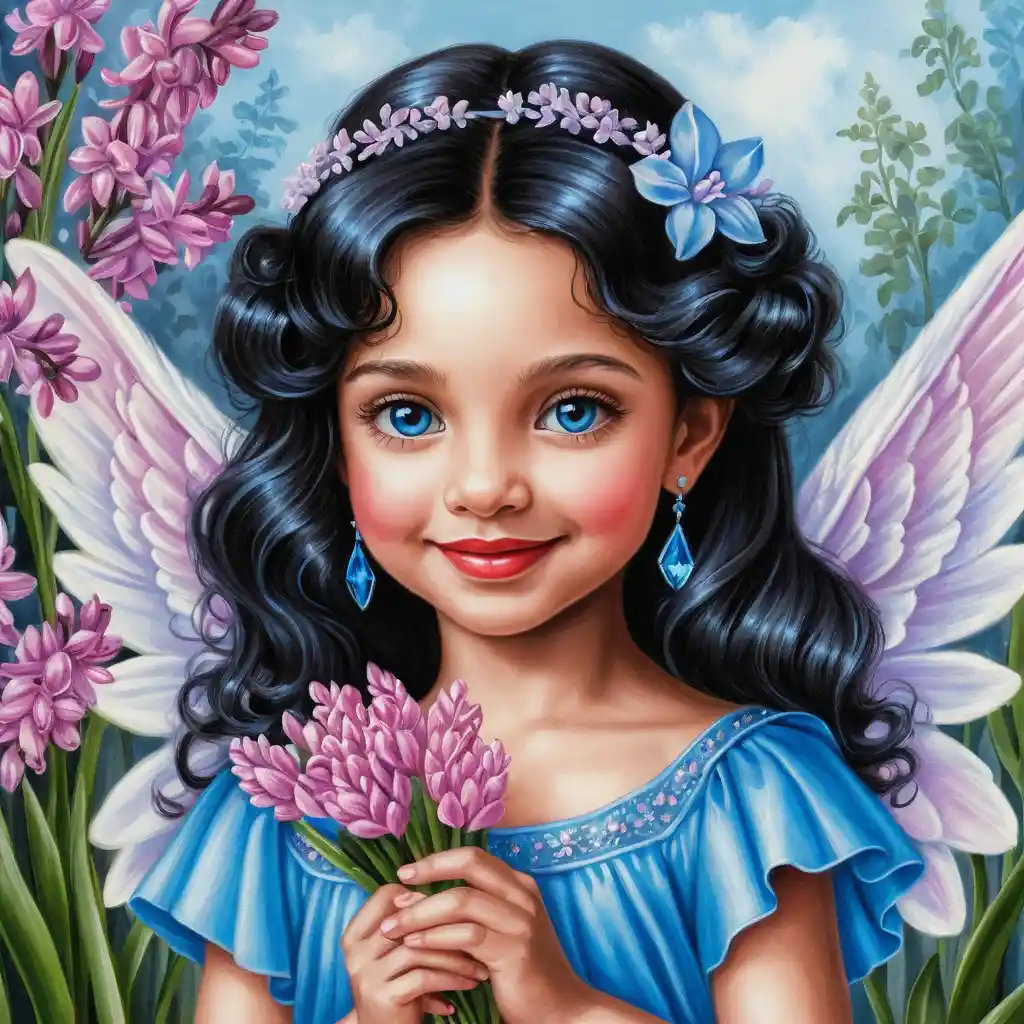 Smiling spring angel girl with blue dress and flowers