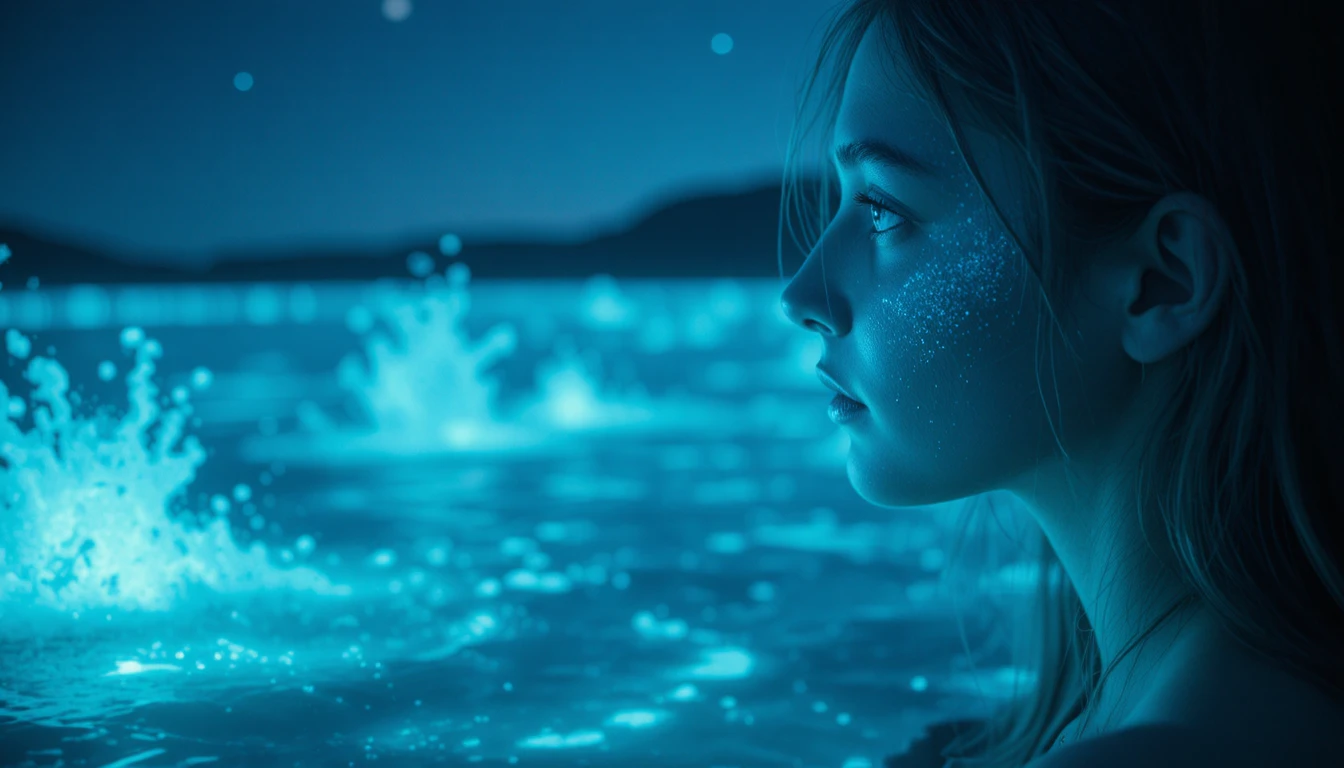 Young woman gazing over a glowing bioluminescent lake