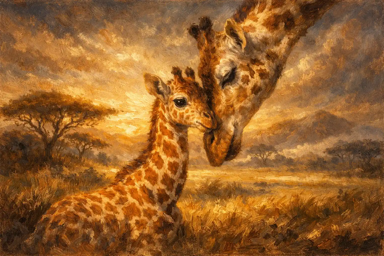 Baroque style painting of baby giraffe nuzzling its mother