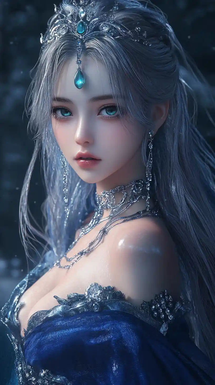 Mulher de anime fantasia com tiara de joias e capa azul