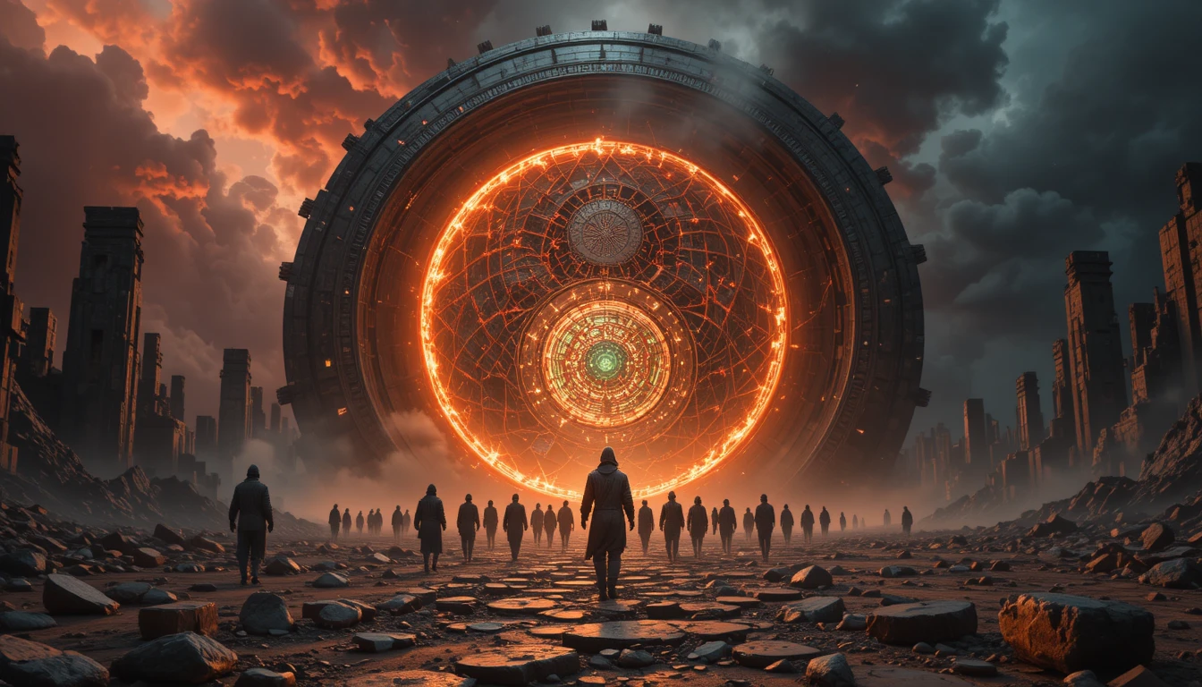Apocalyptic desert portal glowing beneath a blood red sky