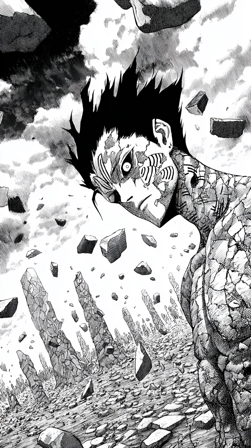 Anime warrior with cracked skin in a ruined landscape