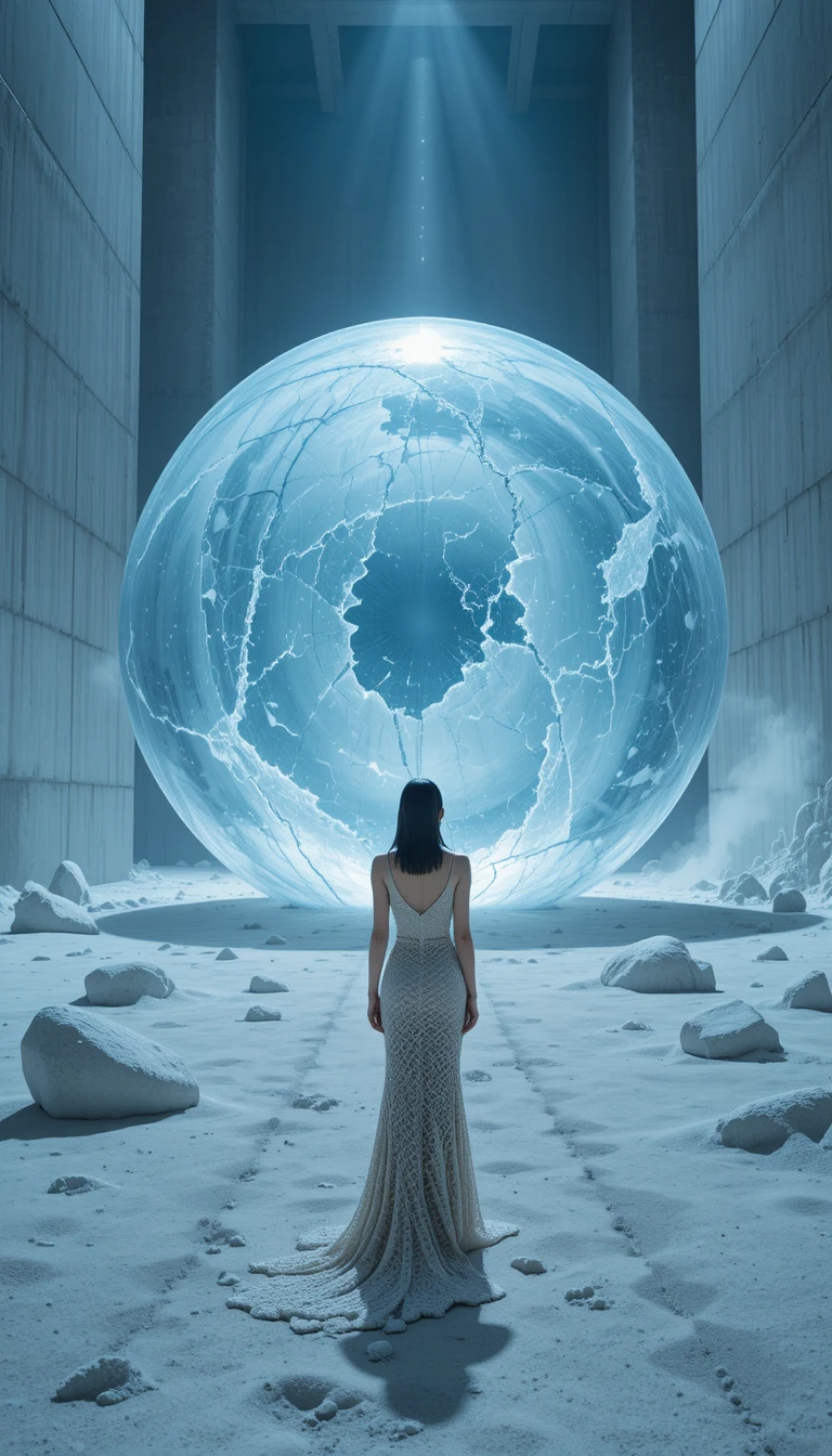 Modella di moda accanto a colossale sfera di ghiaccio in capannone industriale