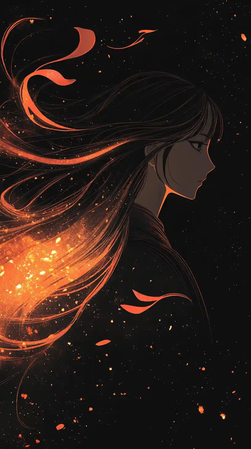 Anime girl in fiery neon profile with flowing hair