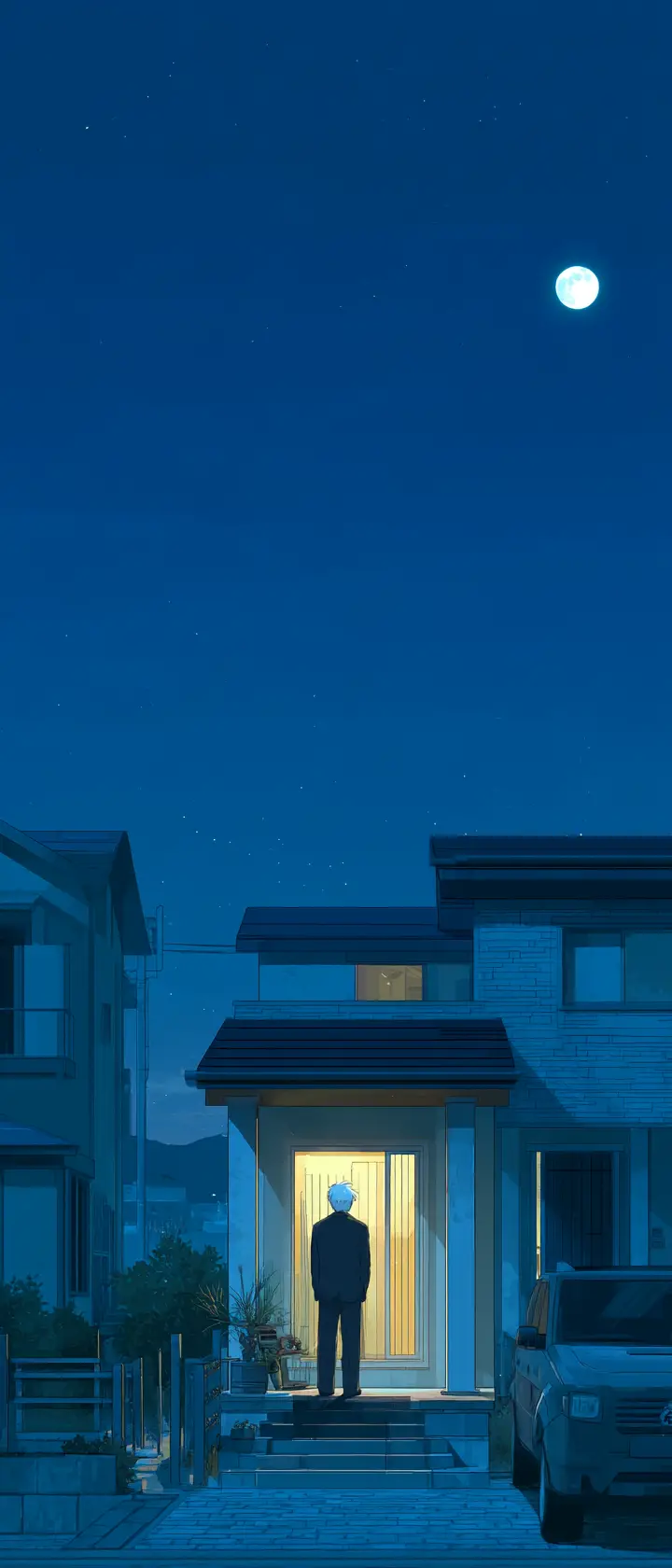 Elderly man on a quiet suburban porch at night