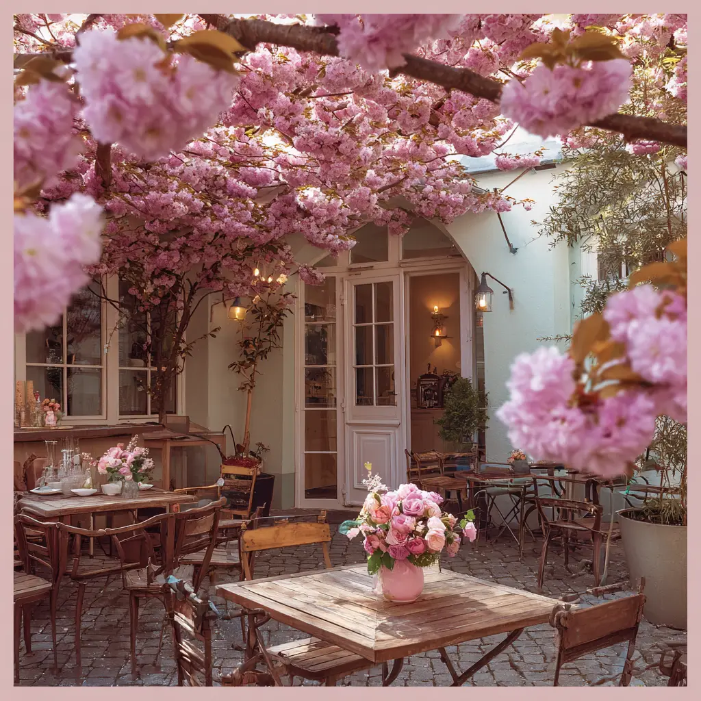 Dreamy cherry blossom cafe with soft romantic ambiance