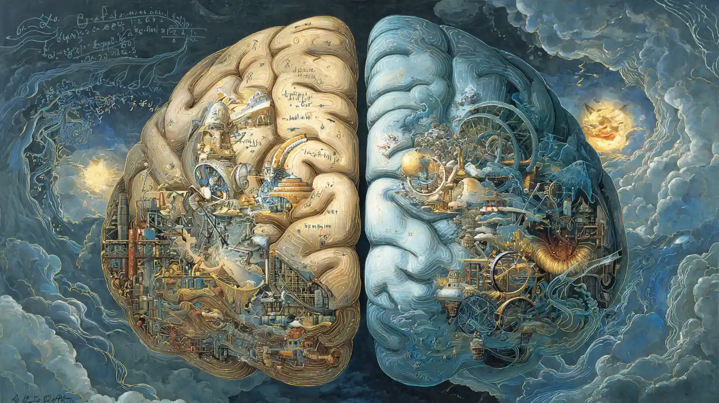 Fantasy brain hemispheres merging logic with creativity