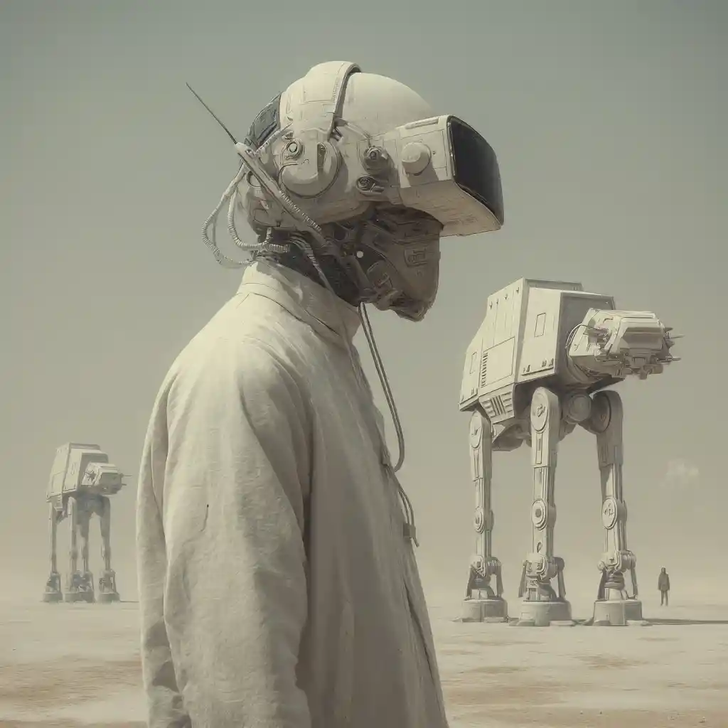 Uomo di mezza età in armatura sci‑fi che attraversa dune desolate