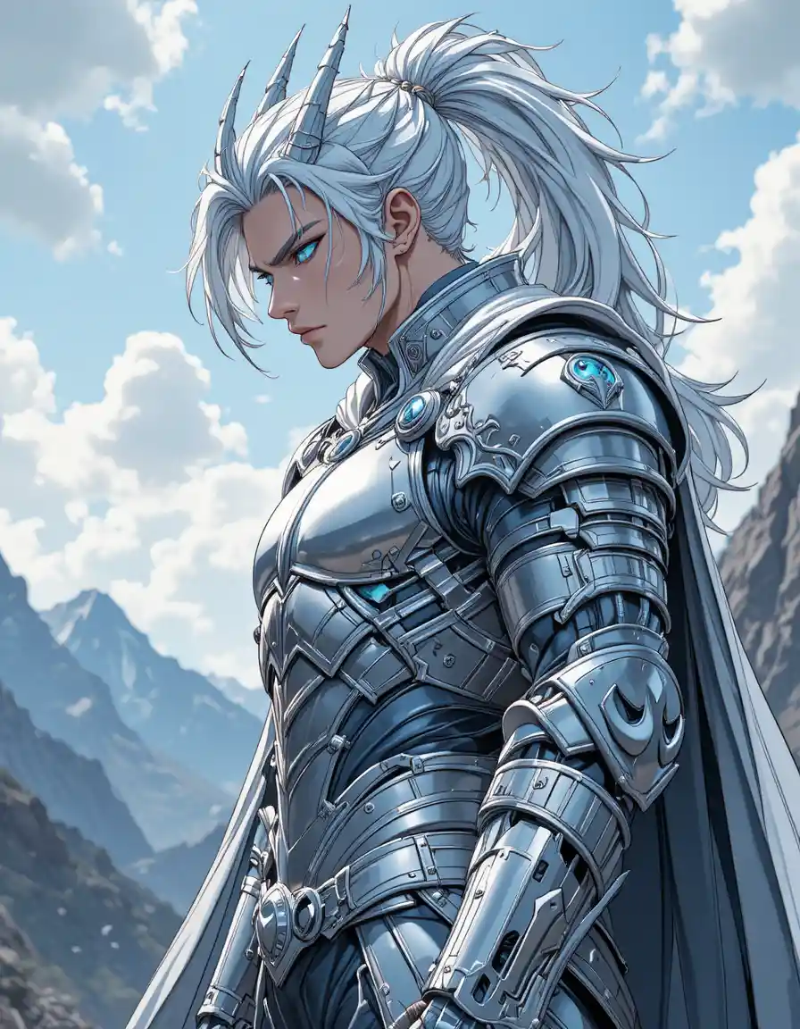 White haired anime dragon warrior in silver armor
