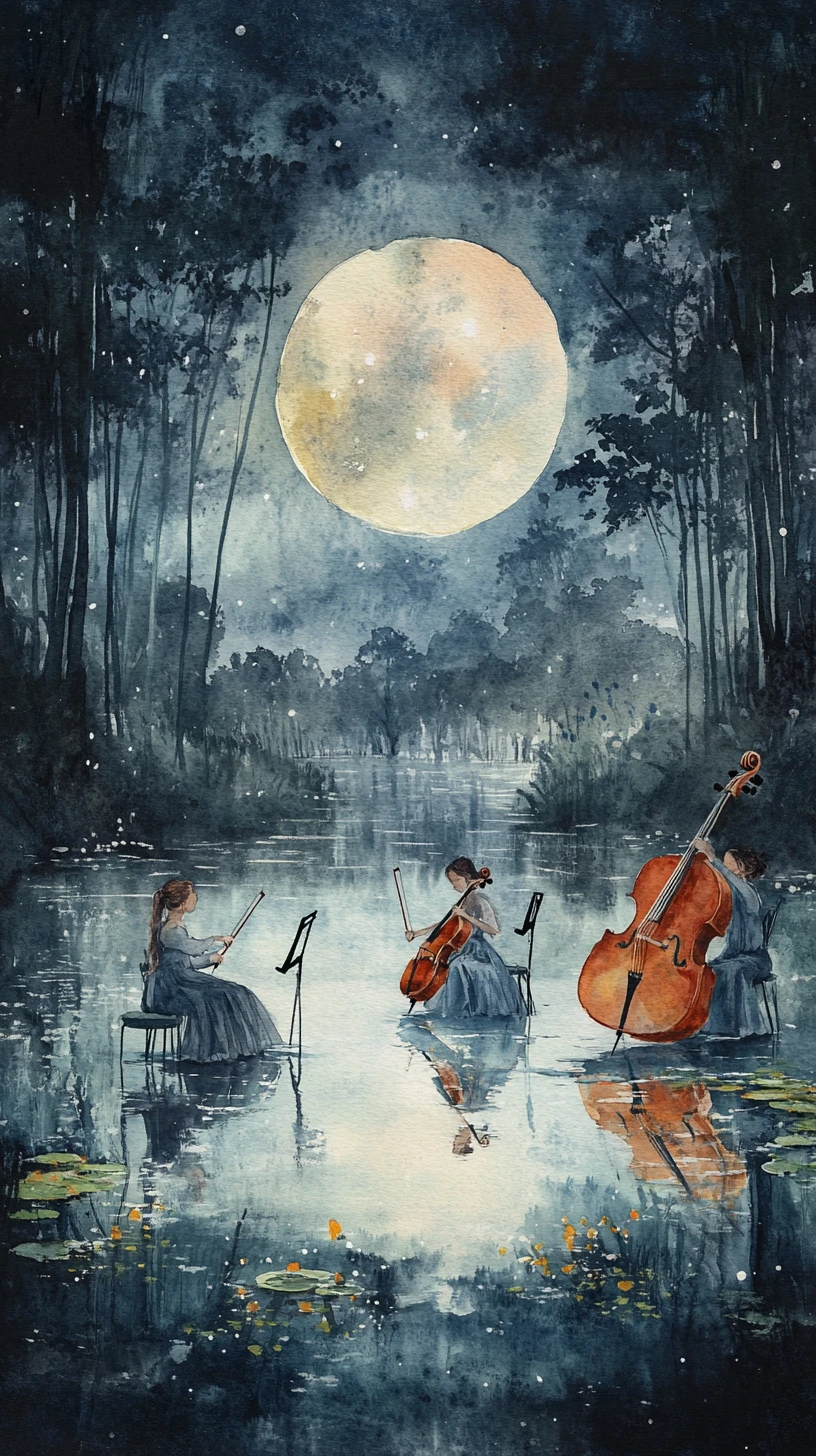 Watercolor mice playing music on lily pads under full moon