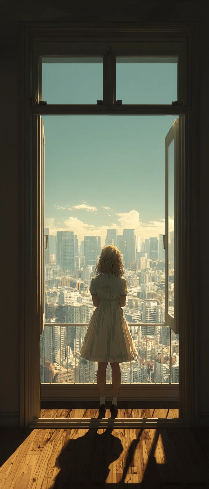 Anime woman standing at a sunlit apartment window