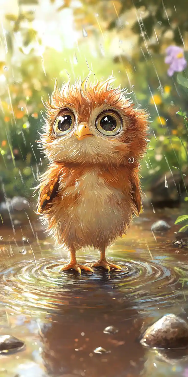 Cute baby owl in rain puddle with soft forest backdrop