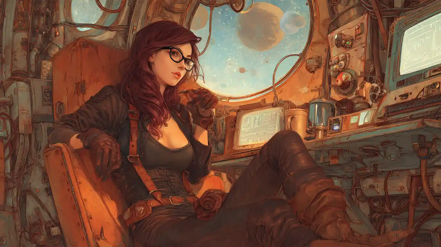 Mujer atlética con traje de cuero dentro de una nave espacial oxidada