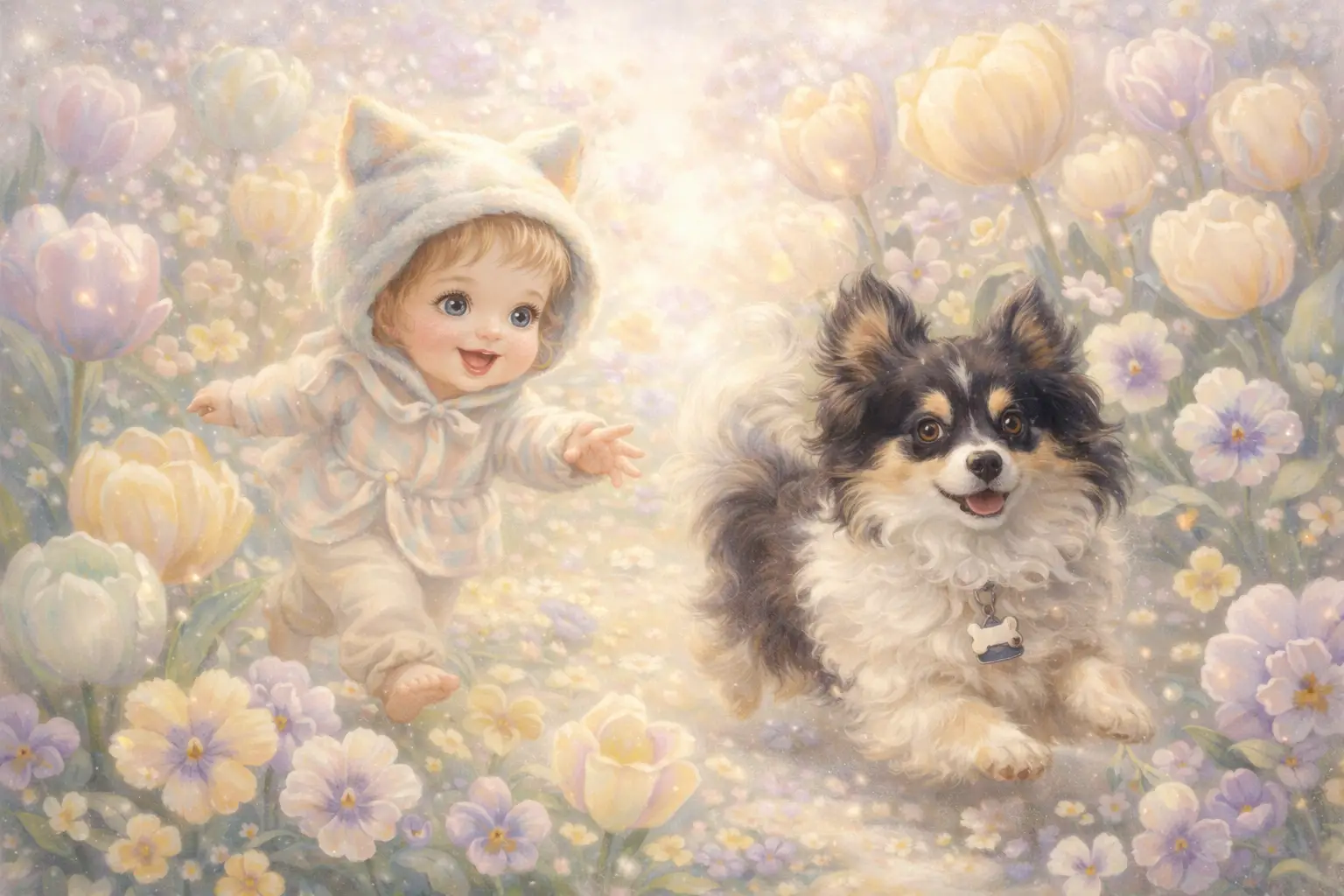 Toddler Chasing Puppy In Pastel Flower Nursery Illustration