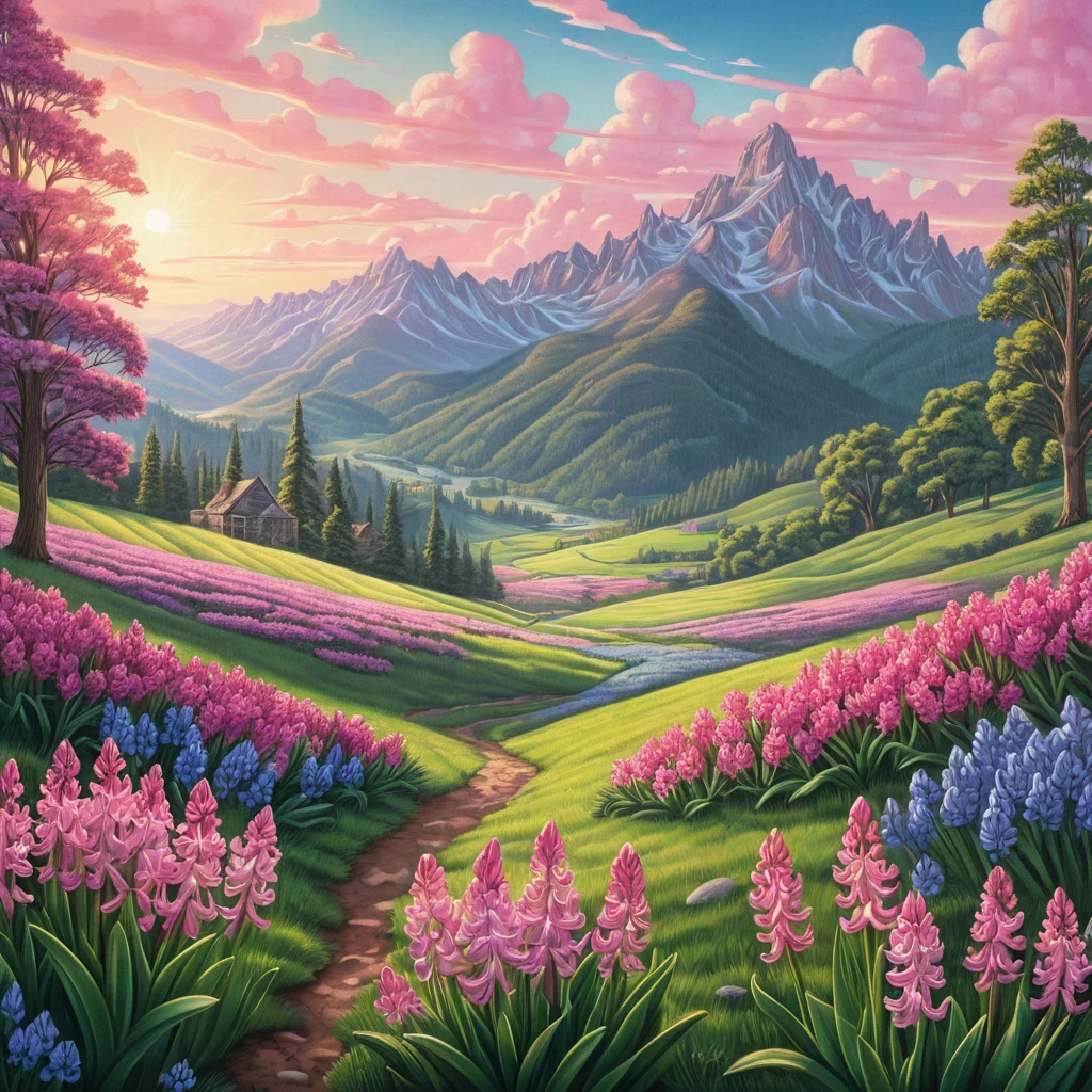 Sunlit meadow of pink flowers and distant mountains