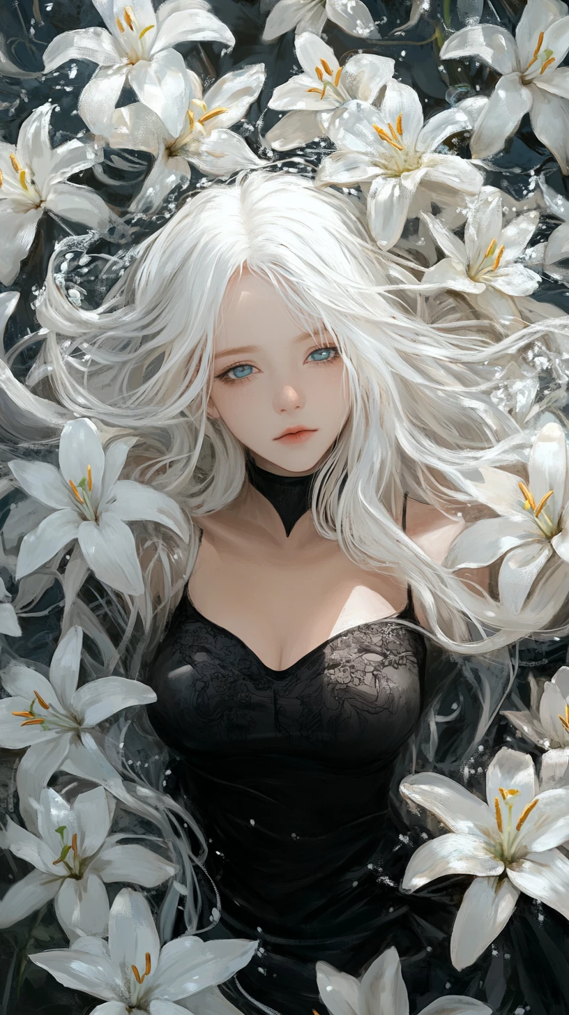 Mujer de anime etérea descansando entre lirios blancos