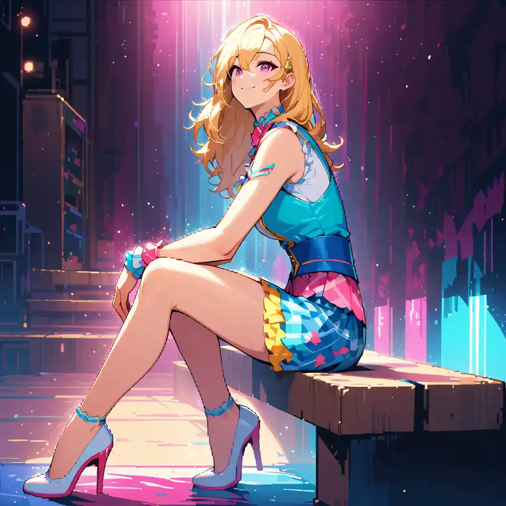 Fröhliches blonde Anime-Idol-Mädchen auf der Bühne