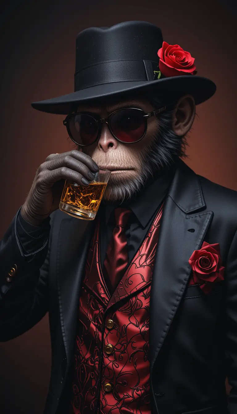 Serious mafia monkey in black suit drinking whiskey