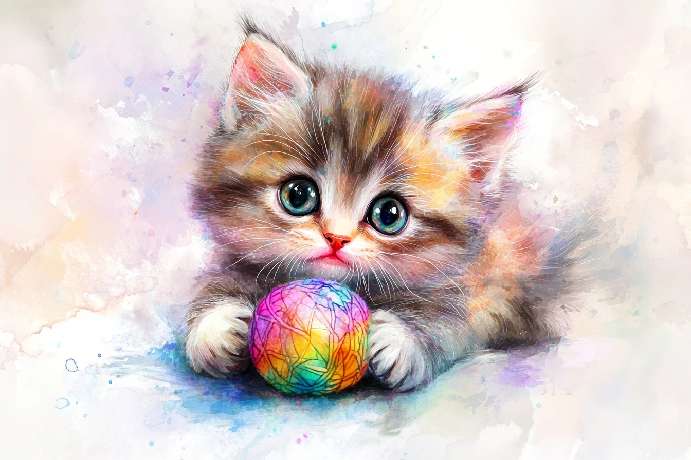 Fluffy watercolor kitten playing with a colorful yarn ball