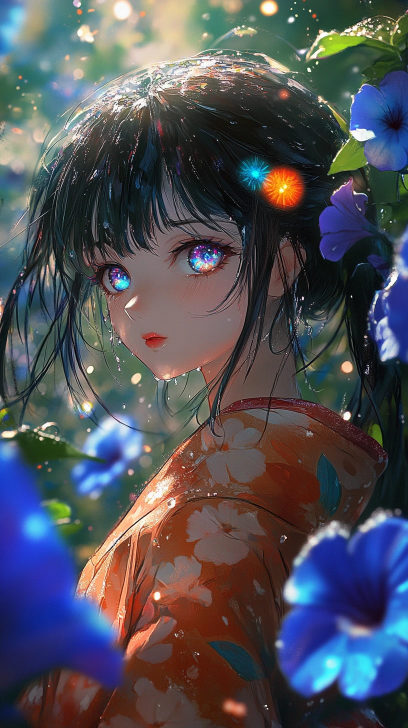 Anime girl in kimono with glowing galaxy eyes