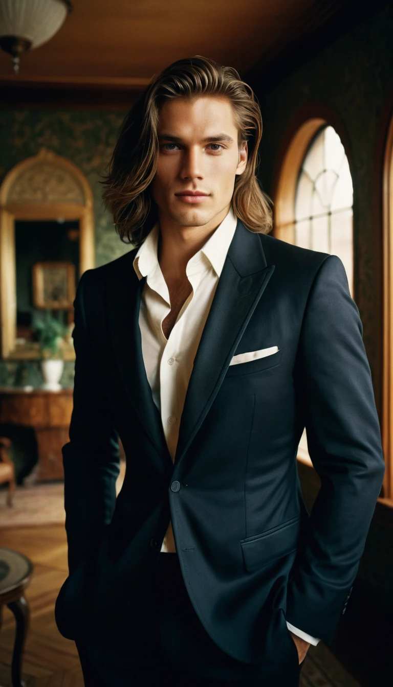 Charming European man selfie in an elegant indoor setting