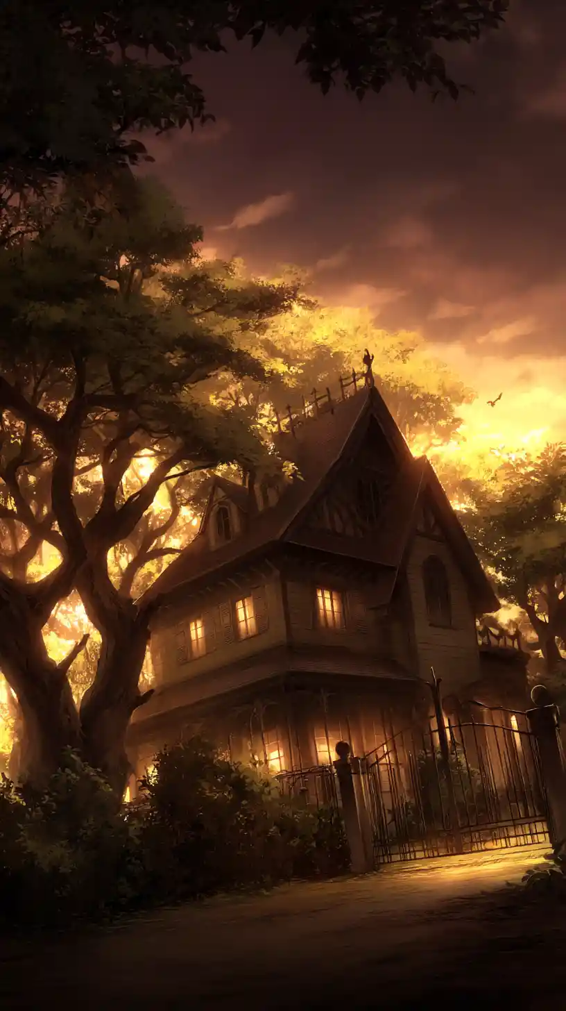 Curved Haunted House Silhouette At Sunset Horizon