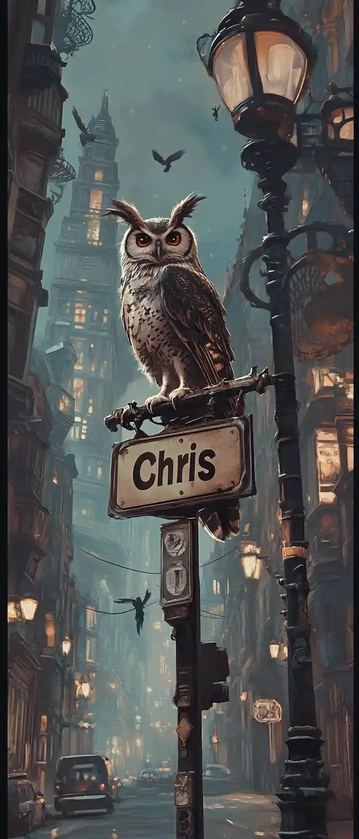 Mechanical steampunk owl perched on street sign in city