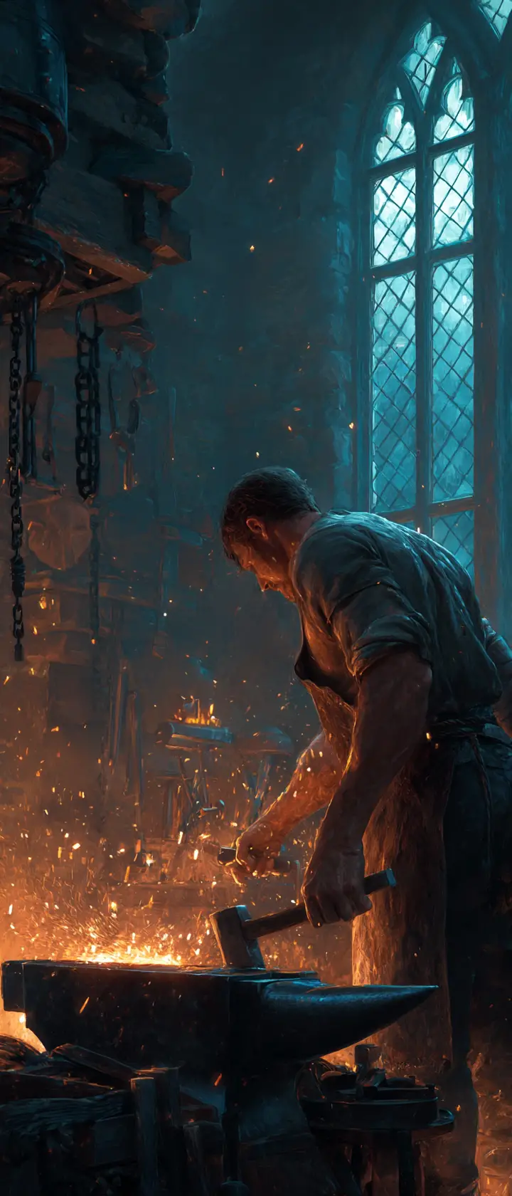 Medieval blacksmith forging a glowing blade at dusk